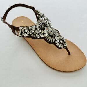 Anthropologie Crystal Thong Brown Leather Sandal US 9 NEW Flat Made in India